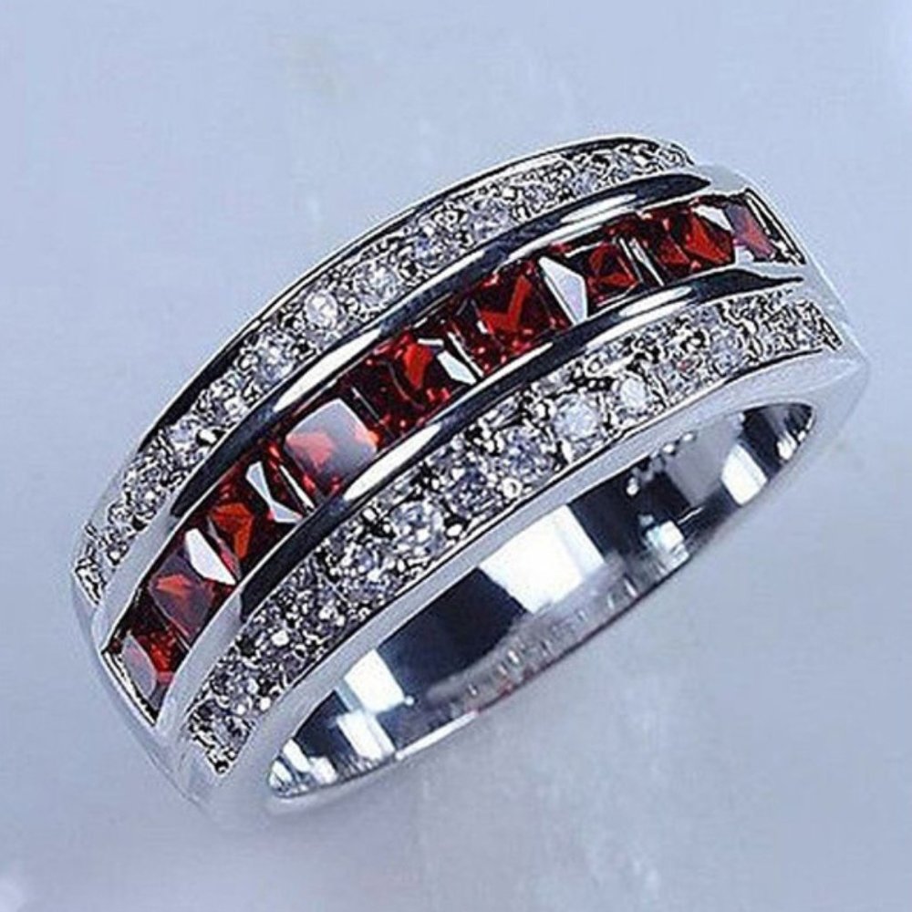 Ruby Red and Rhinestone Band MEN RING